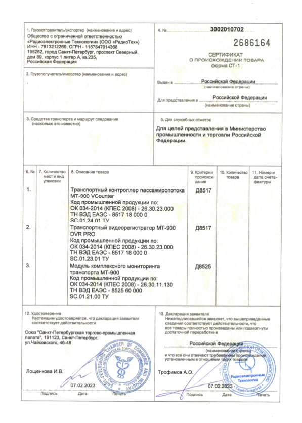 Сертификат СТ-1 МТ-900 DVR PRO